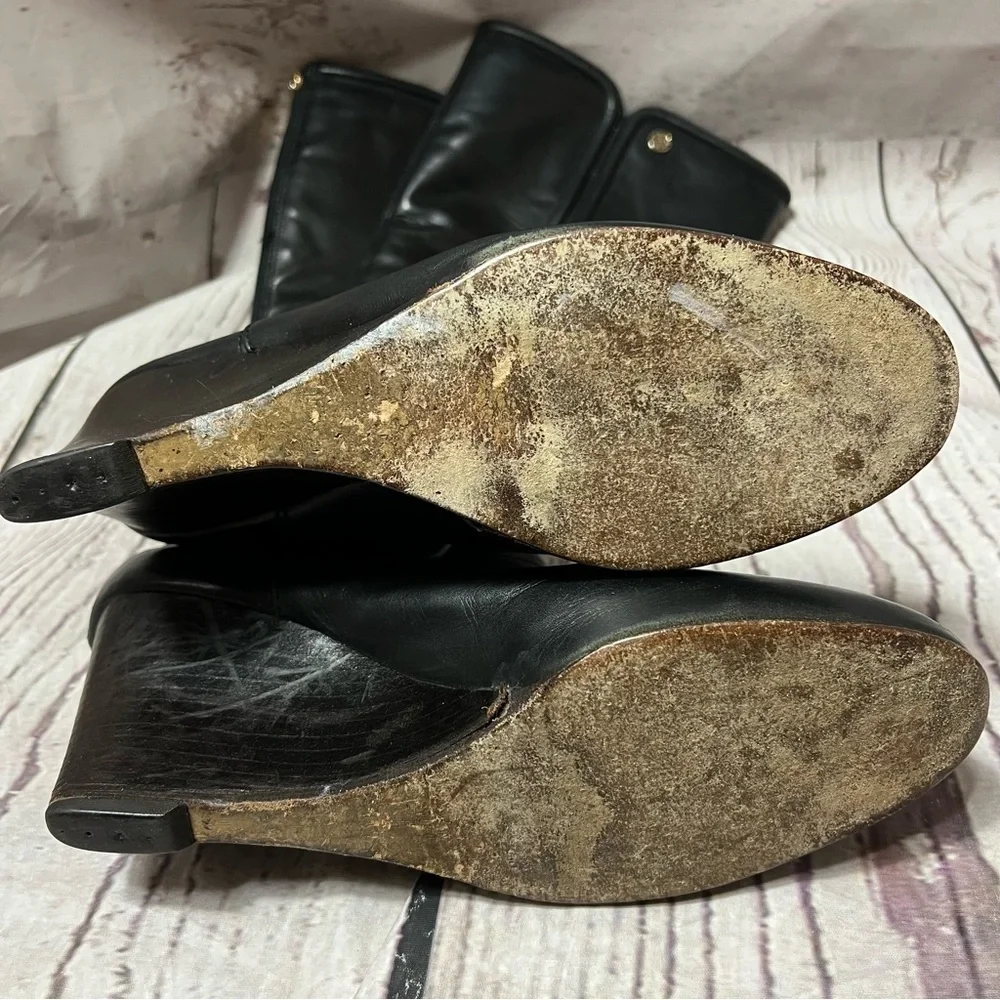 Tory Burch Black Irene Wedge Equestrian Leather Calf Boots/Booties